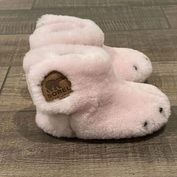 Sorel Cozy Faux Fur Bear Paw Slippers Girls Dusty Pink Size 3 Baby - Picture 2 of 10